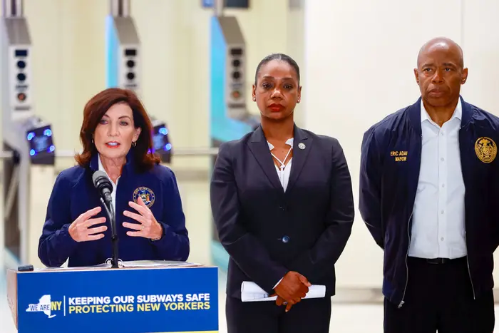 Gov. Kathy Hochul, Police Commissioner Keechant Sewell and Mayor of New York City Eric Adams are seen during announcing changes in subway safety. Hochul has hinted that public safety will be on top of her agenda.